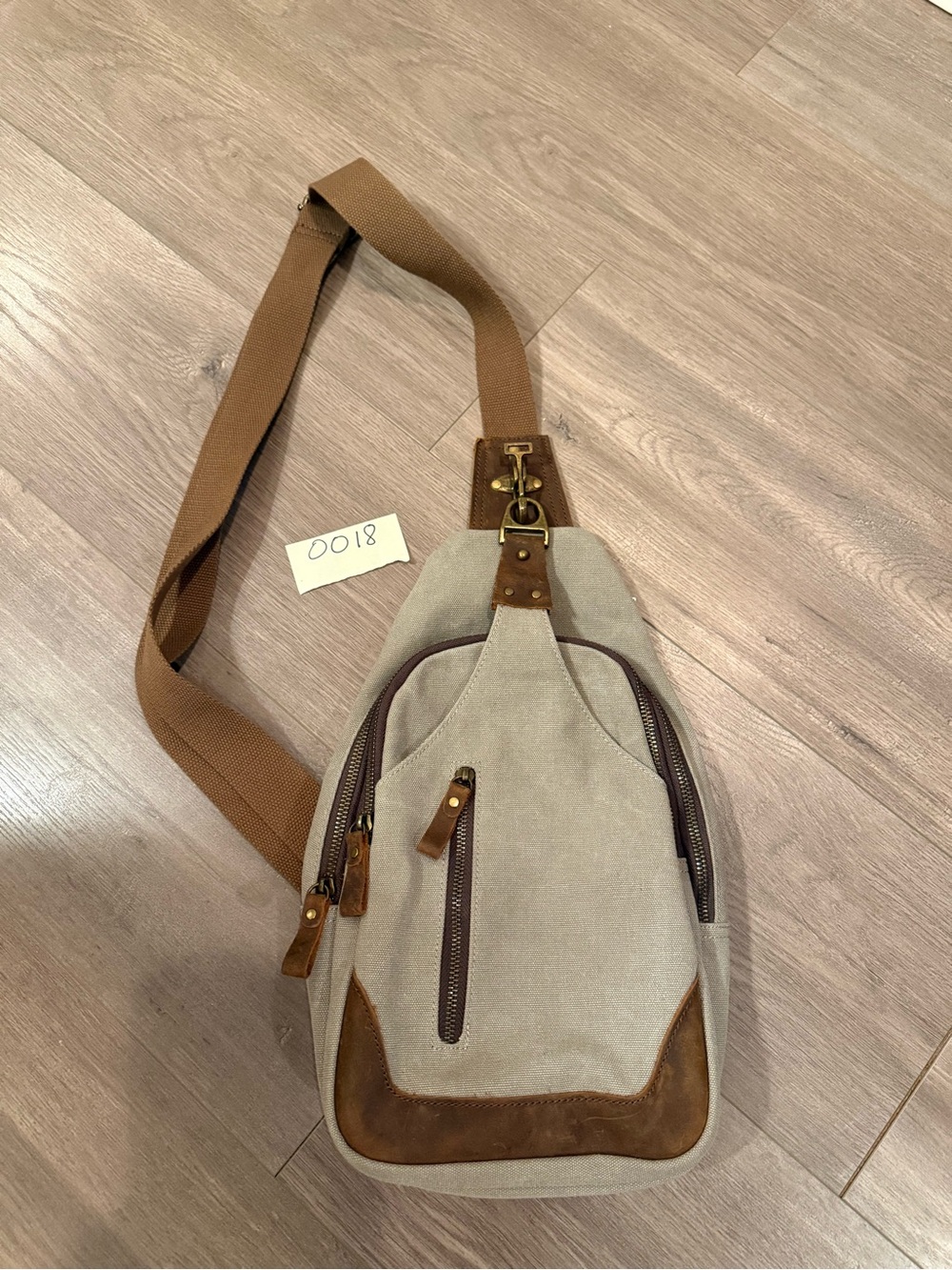 Beige Canvas and Brown Leather Accent Sling Backpack